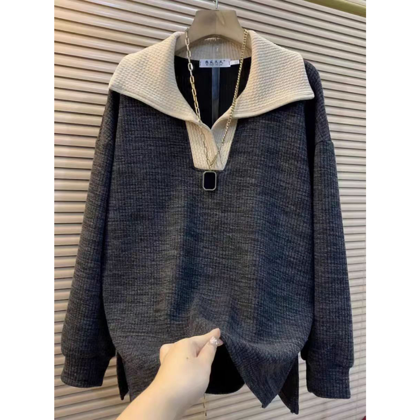 胖妹妹冬季海军领针织毛衫百搭减龄套头加厚上衣遮肉遮肚韩版毛衣