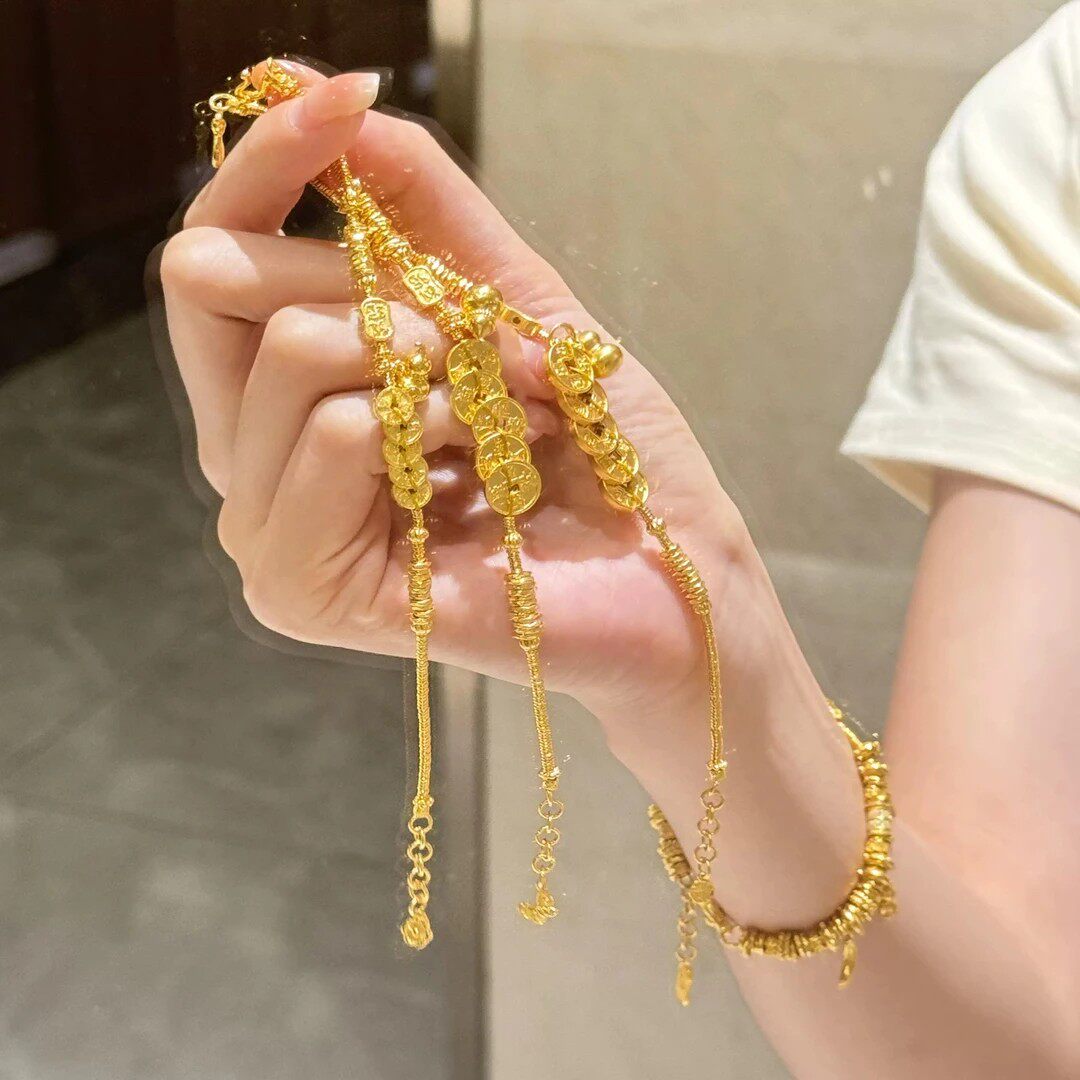 S925纯银金色五帝钱葫芦手链女款盘缠新中式国风古法手饰招财精致