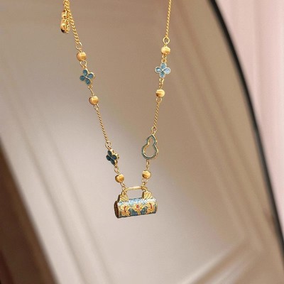 新中式珐琅烧蓝平安锁吊坠项链