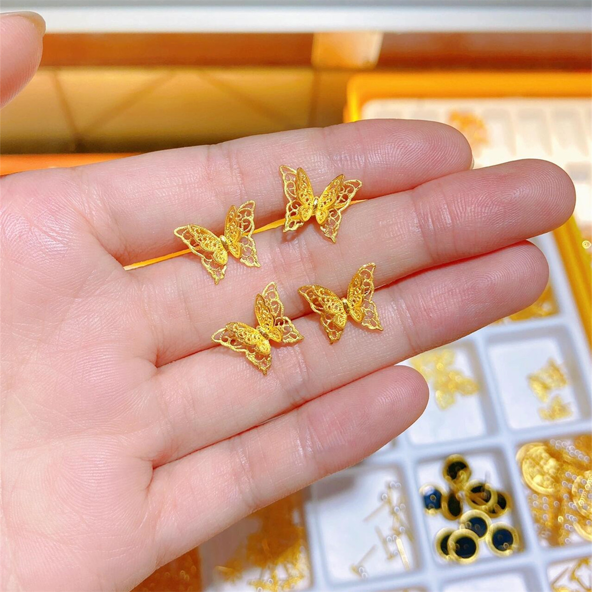 24K包金花丝双层蝴蝶结耳钉轻奢