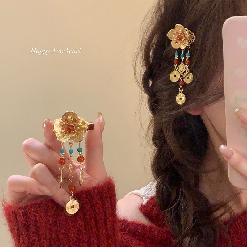 有钱花~新中式铜钱花朵流苏发夹