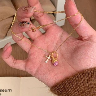 vintager中古拉丝十字架粉钻松果吊坠项链女轻奢毛衣链气质锁骨链