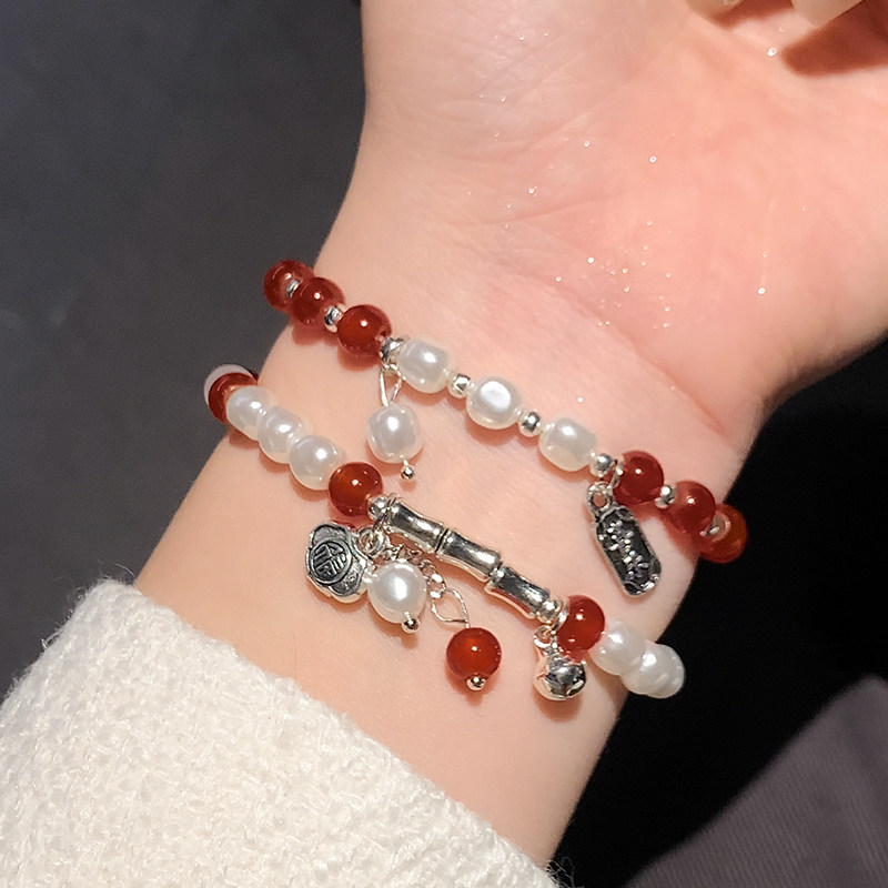 国风珍珠手链轻奢小众元宝手绳精致红玛瑙手串珠手链女生款手饰品