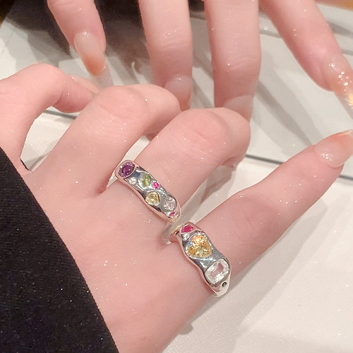 不规则锆石彩钻戒指女开口小众款
