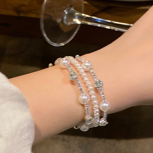 三层环绕大钻珍珠手镯女小众百搭