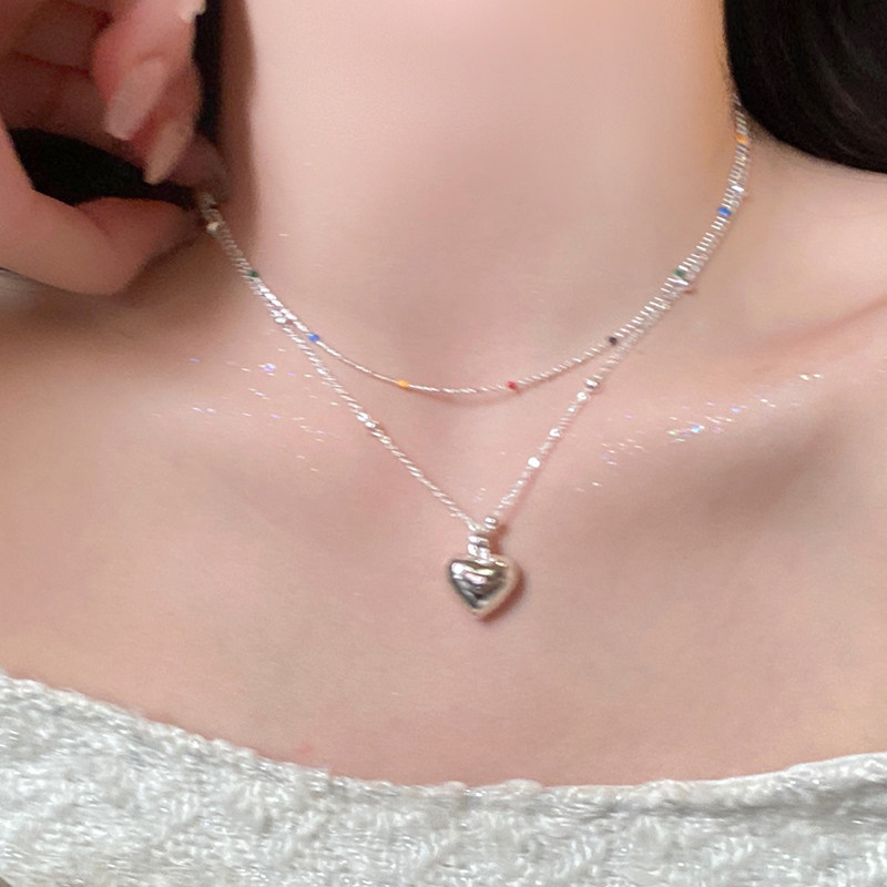 彩虹圆珠链爱心吊坠项链女叠戴感