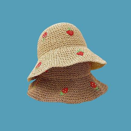 韩版可爱樱桃草编渔夫帽子女夏季防晒海边度假沙滩大檐遮太阳草帽