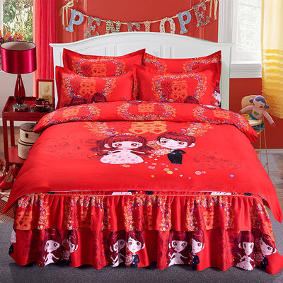 高档婚礼喜被四件套红色系结婚床上用品纯棉喜庆套件婚被床单套装