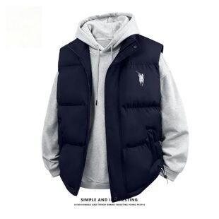 美式藏青色棉服马甲男款冬季加绒加厚潮牌立领棉衣外套