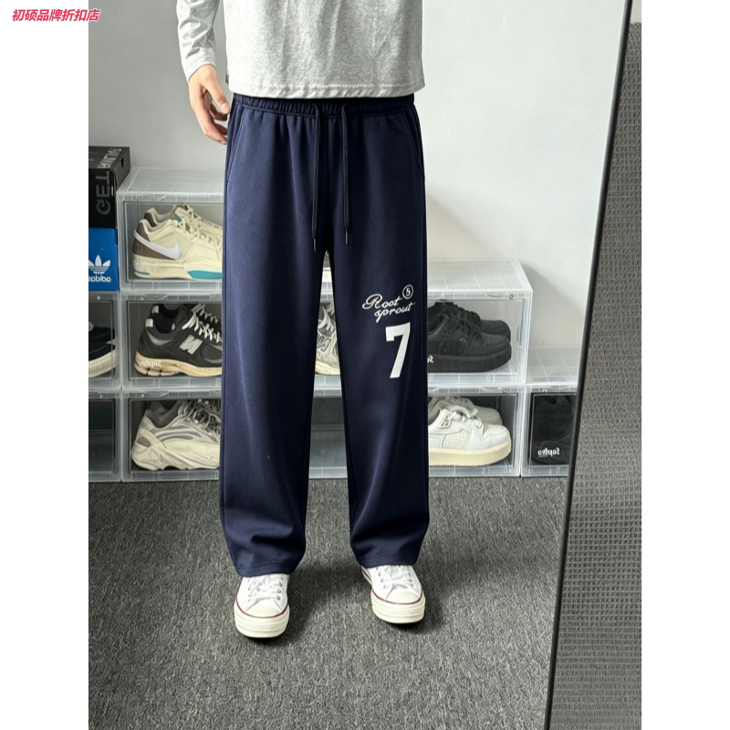 藏青美式直筒卫裤男款秋冬垂坠感宽松运动裤子高级感显瘦微喇裤