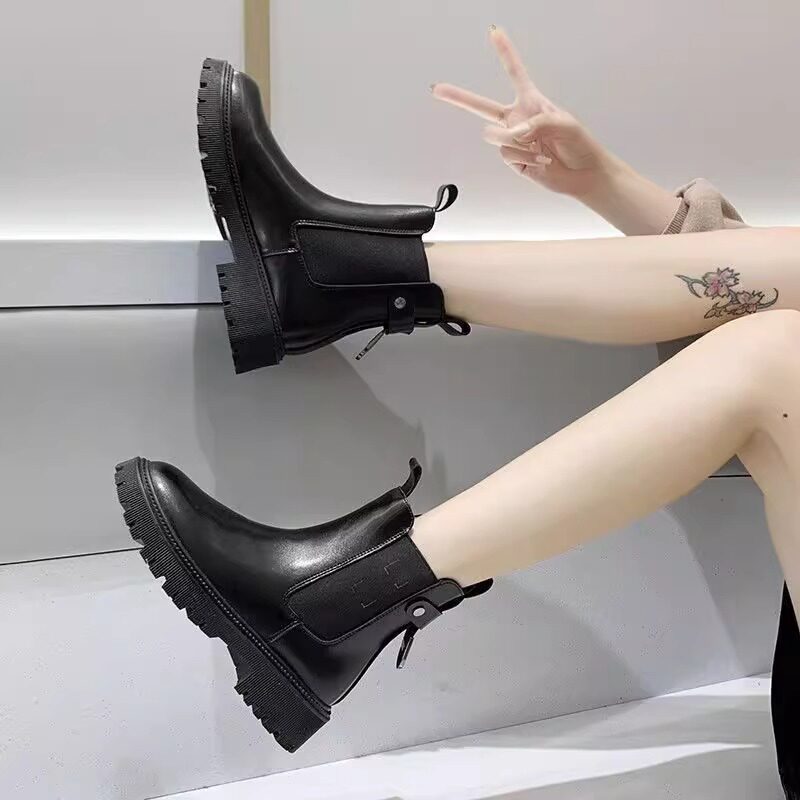 YIERKANG  가죽 마틴 부츠 여성 가을 겨울 새로운 영국 스타일 플랫 레트로 굴뚝 부츠 부드러운 가죽 첼시 짧은 부츠