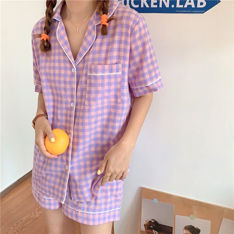 CUTE GRID GIRLS PAJAMAS SET KOREAN SUMMER NEW SHORT SLEEVE L