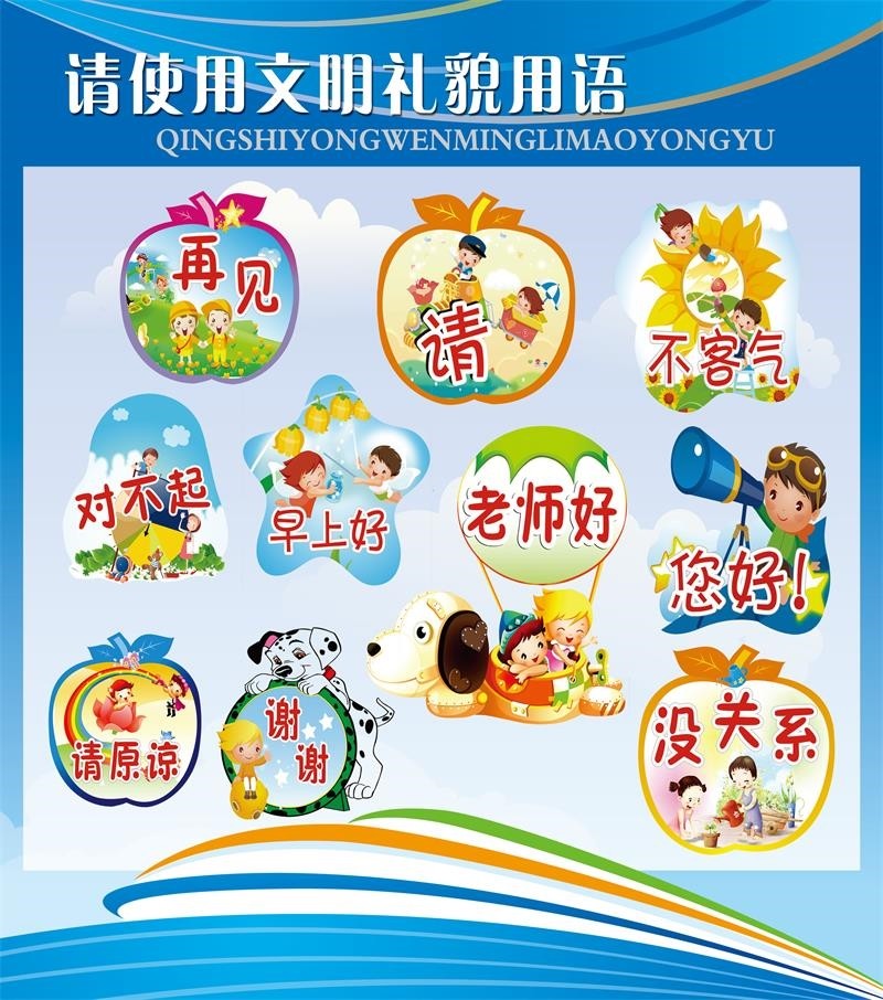 幼儿园布置文明礼貌用语海报宣传画墙贴 儿童礼仪教育挂图贴纸