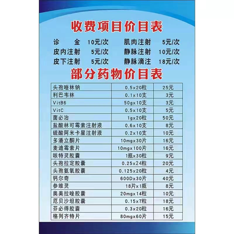 医院卫生院诊所收费项目药物价目表贴纸挂图展板海报印制
