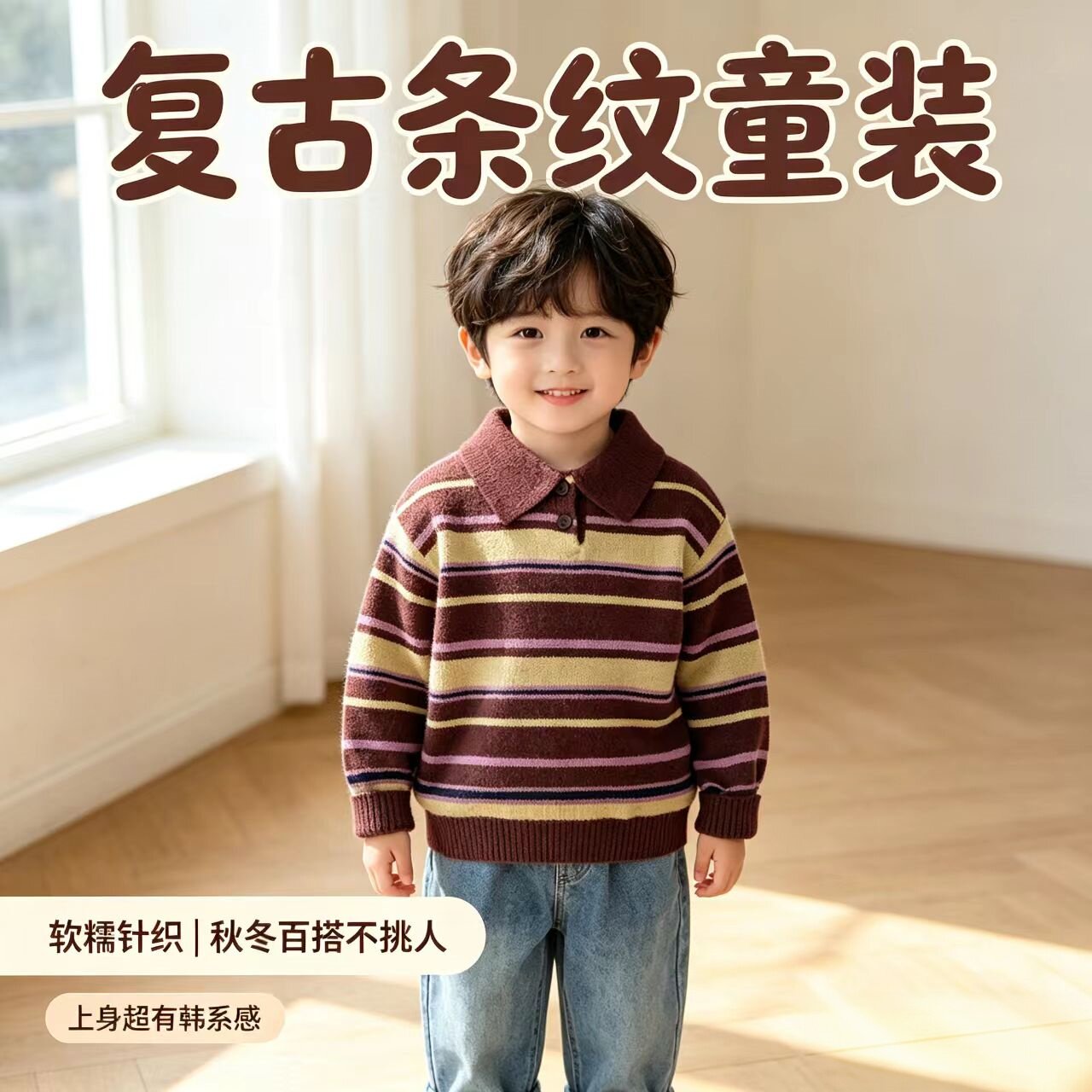 秋冬装儿童复古撞色条纹领毛衣