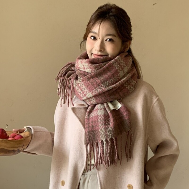 COISINI显白树莓粉英伦格纹围巾女冬季韩版百搭长款保暖学生围脖