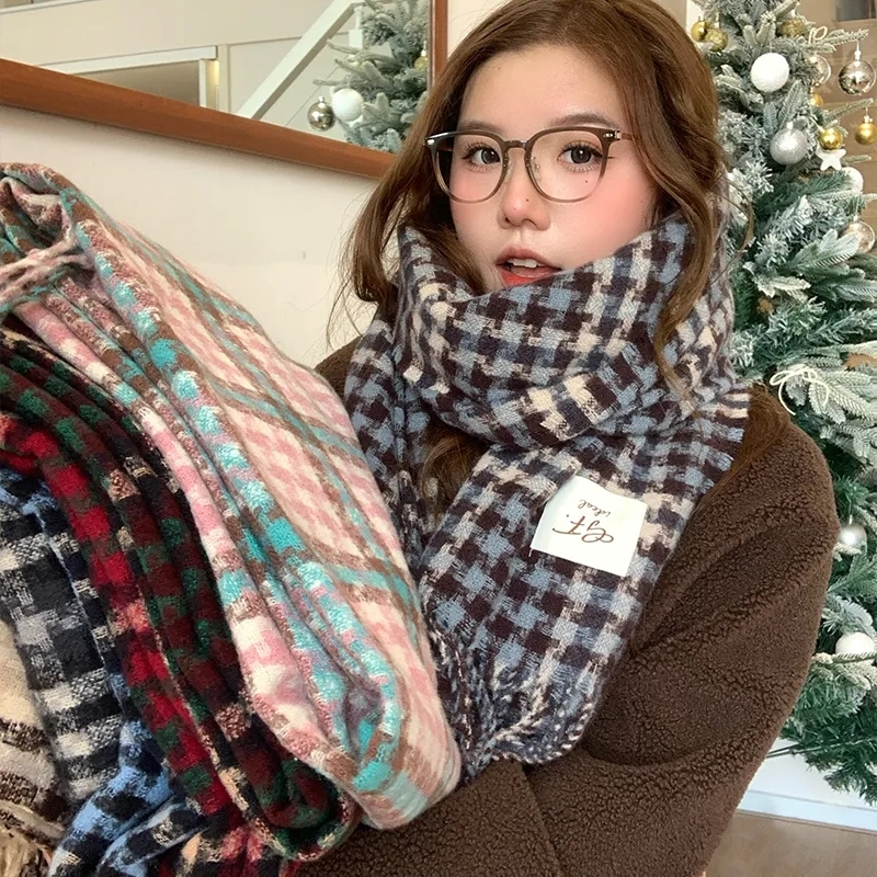 韩版新款千鸟格子围巾女冬季