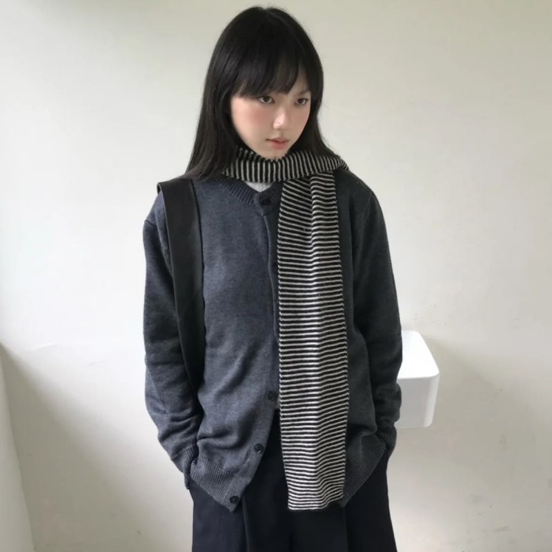 2025新款黑白条纹针织围巾女秋冬