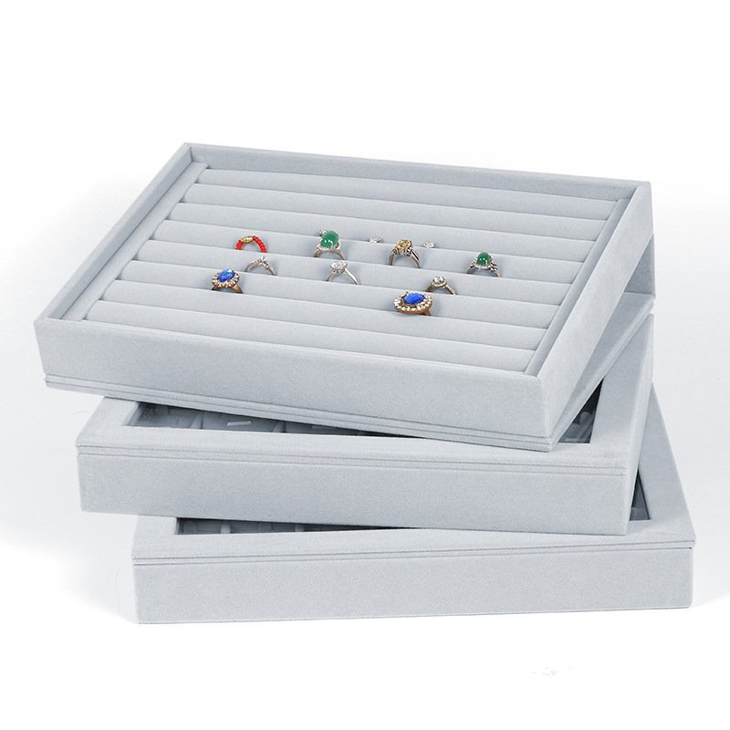 带盖冰灰绒布首饰盘手链项链吊坠珠宝展示托盘戒指手镯饰品展示盒