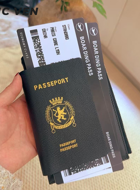 CHIC VEN2025新款机票护照夹时尚潮流证件包黑色牛皮挂绳收纳包包