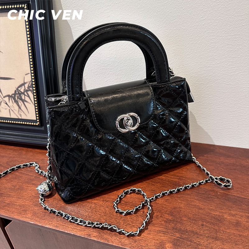 CHIC VEN今年流行百搭小香风纯色牛皮菱格链条包包气质单肩斜挎包