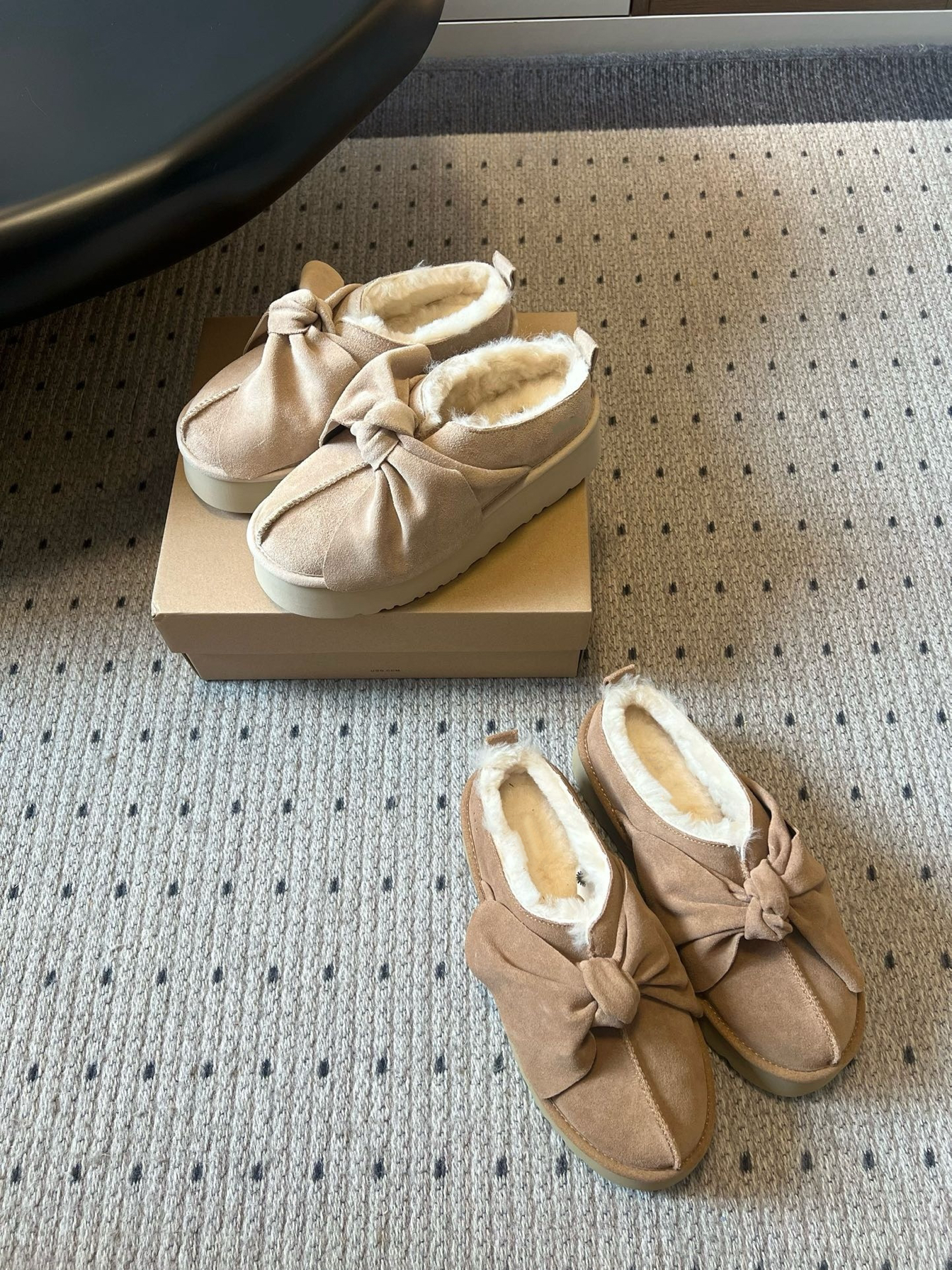 2025新款 蝴蝶结羊毛拖鞋女 厚底增高外穿加绒保暖真皮雪地棉半拖