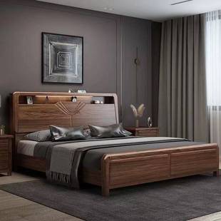 简约1现代胡桃木全实木床1.8米双人床主卧.5m单人婚床中式 储物床