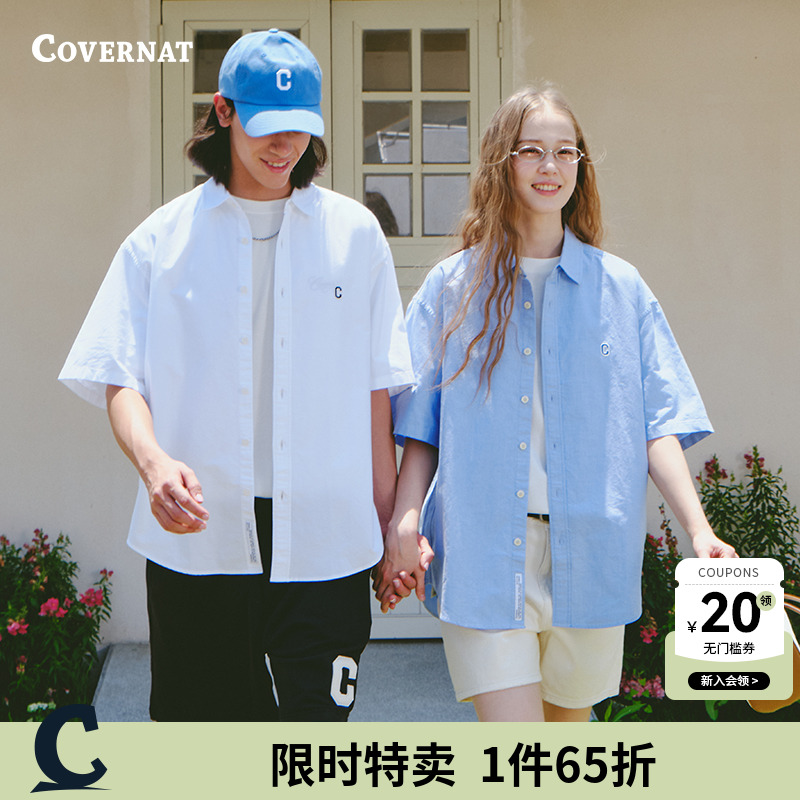 Covernat韩国潮牌潮流短袖衬衫男女情侣刺绣C标休闲纯白上衣夏新