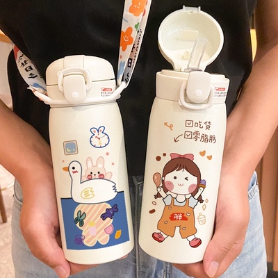 新款可爱保温杯女带吸管式ins高颜值大容量水杯学生儿童便携简约