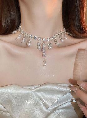 水滴锆石水钻珍珠流苏项链轻奢小众颈链锁骨链女高级感礼服配饰