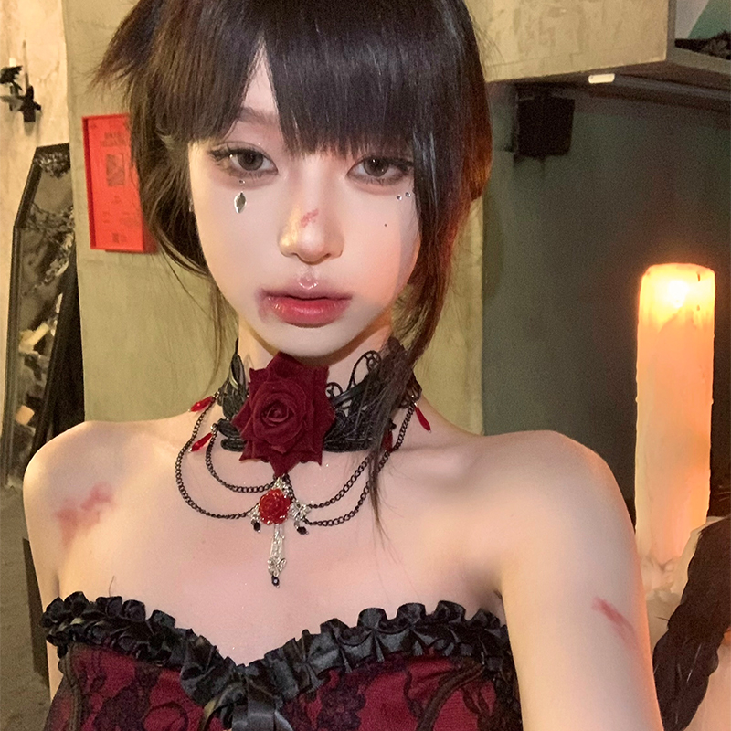 暗黑朋克哥特式玫瑰蕾丝水滴流苏chocker颈圈万圣节装扮项链项圈