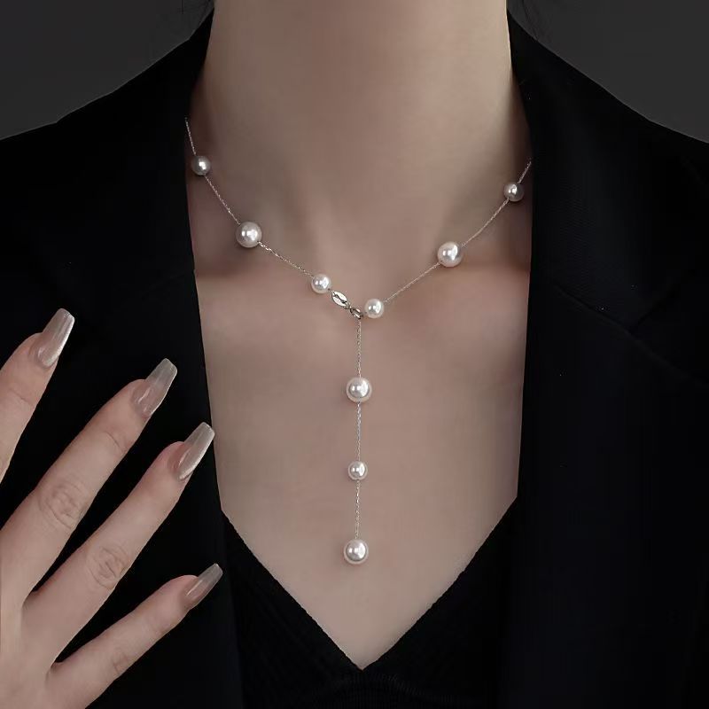 925银施家满天星珍珠项链女2024新款气质锁骨链时尚银颈链配裙子