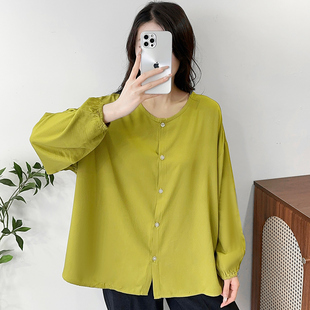 女装 大码 宽松长袖 开衫 人造棉慵懒风圆领衬衣 棉绸夏季 胖mm薄款 衬衫