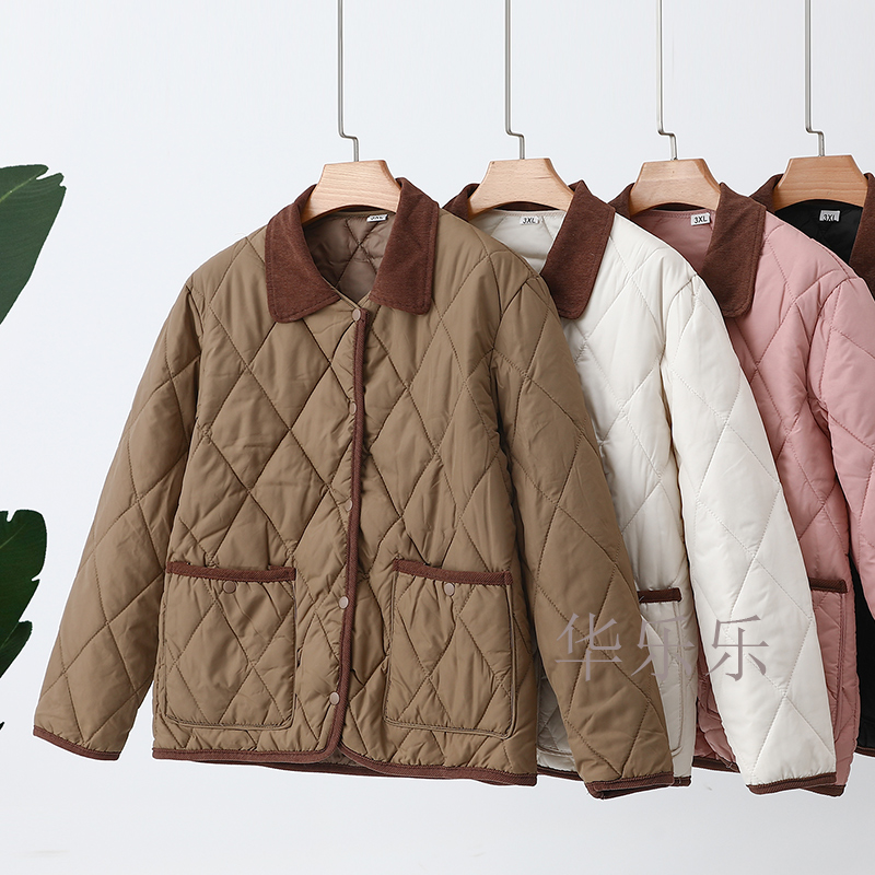 冬季菱格棉服女保暖翻领夹棉外套