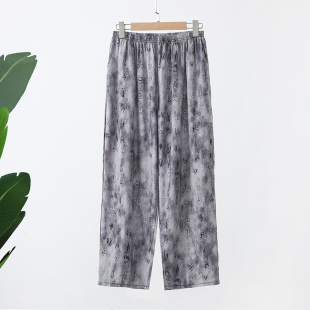 妈妈棉绸长裤 印花直筒裤 加大码 人造棉外穿薄款 加肥宽松休闲裤 夏季