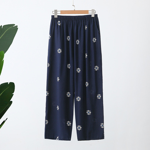 薄款 夏季 休闲裤 加大码 棉绸中老年女装 宽松高腰奶奶九分裤 妈妈花裤