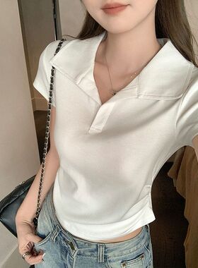 韩系polo翻领正肩短袖T恤女夏季新款穿搭掐腰显瘦修身白色上衣