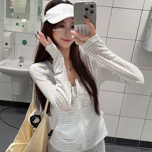 慵懒风条纹长袖 复古百搭拉链连帽上衣 防晒外套女春夏宽松休闲开衫