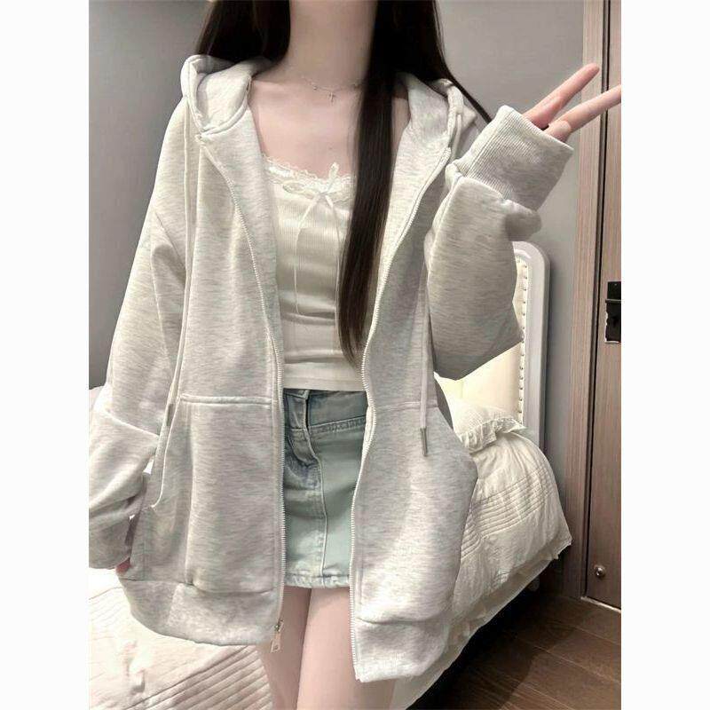 白灰色连帽卫衣女秋冬季2025新款爆款日系小个子高级感超好看外套