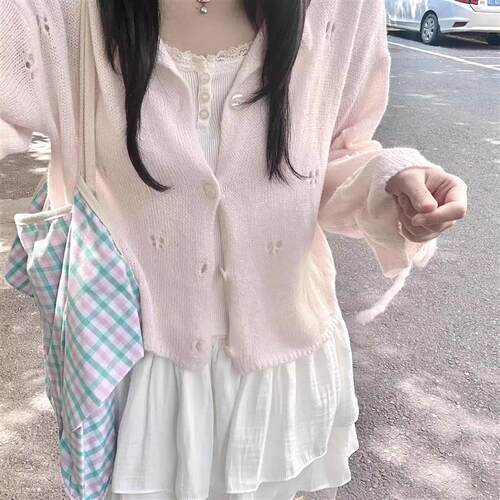 韩系甜美软糯镂空针织开衫女春夏新款温柔粉色外搭上衣小外套罩衫