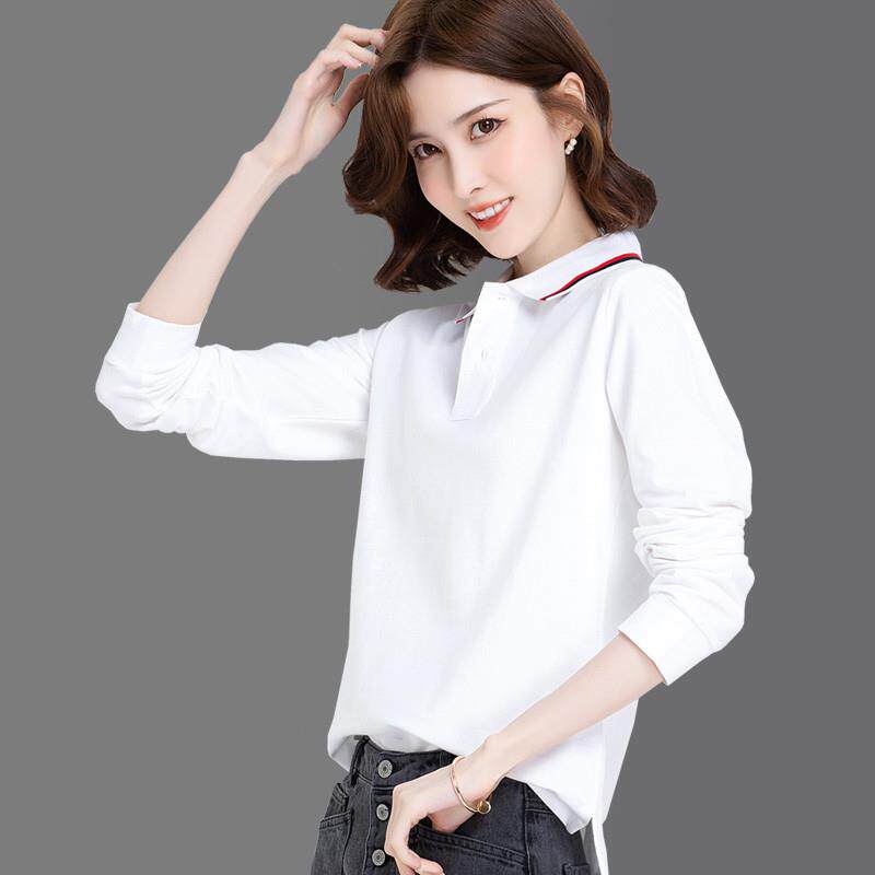 纯棉t恤女长袖秋季宽松大码翻领polo衫定制印logo工作服运动上衣