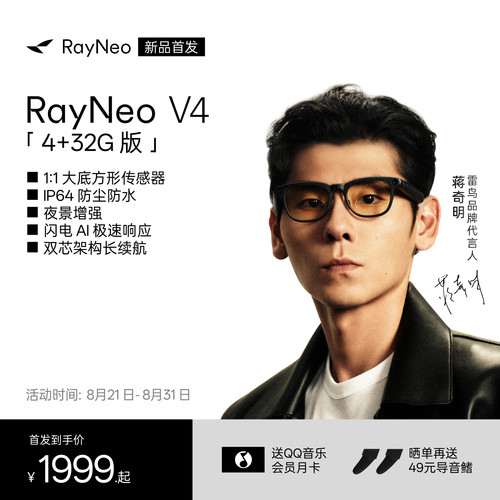 【新品首发】雷鸟V4 AI智能眼镜 4+32G版本 IP64防尘防水 蓝牙音频 AI拍摄拍照翻译无线耳机语音操控镜架款