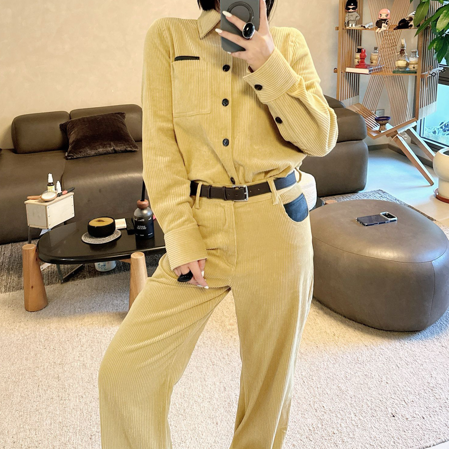 2025新款女装春装欧美时尚小众长袖修身衬衫灯芯绒裤子休闲套装女