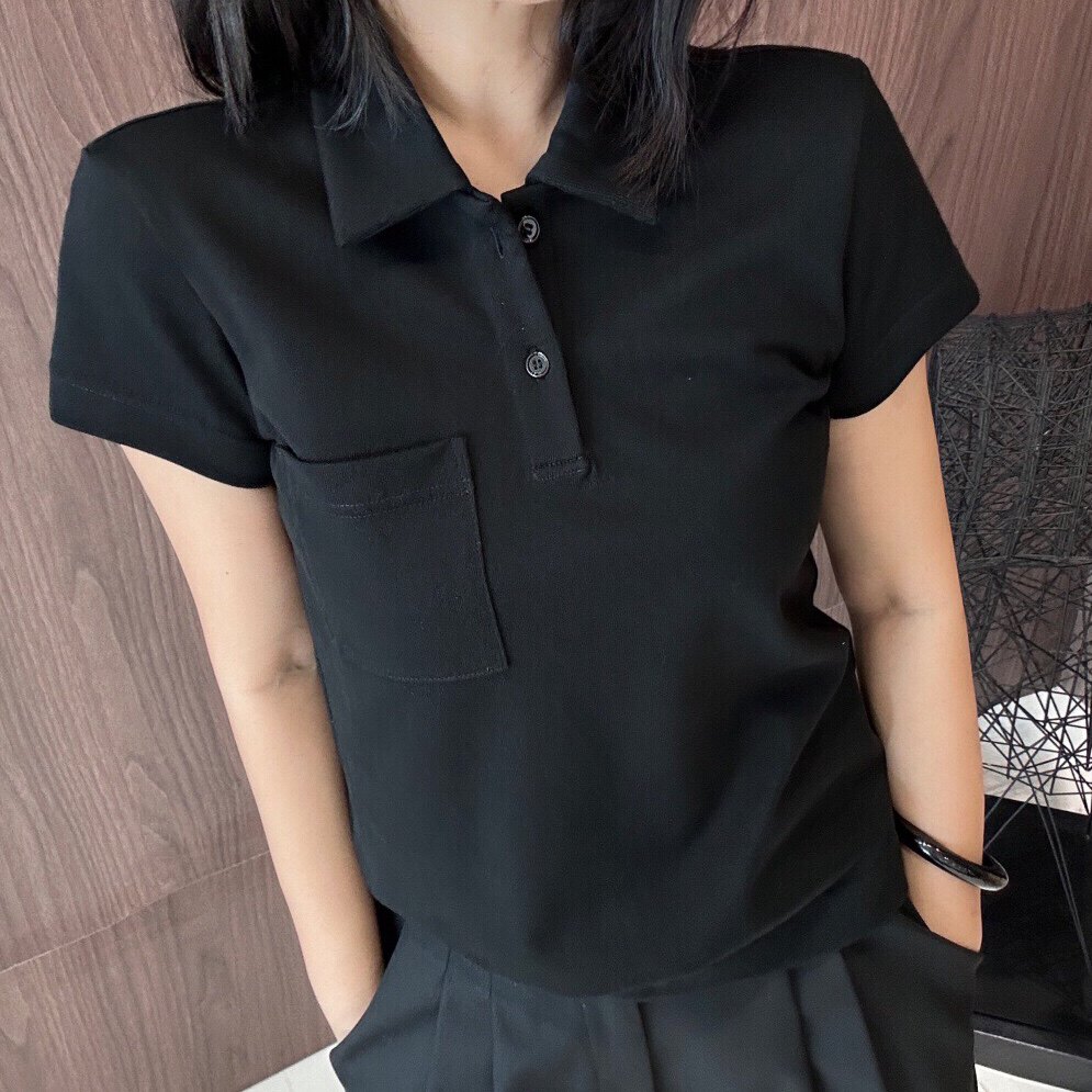 2025新款女装早夏欧美时尚小众南油深蓝色短袖翻领T恤打底衫上衣