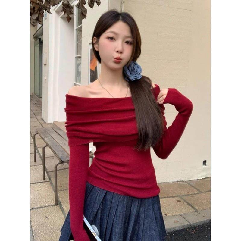 一字肩长袖t恤女露肩上衣性感打底衫,女装/女士精品,T恤,淘宝优惠券,粉丝福利购,淘宝优惠卷