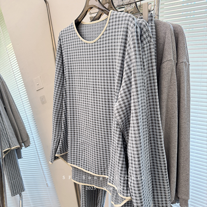 25实拍秋冬磨毛睡衣女韩版经典格子圆领简约两件套韩国居家居服