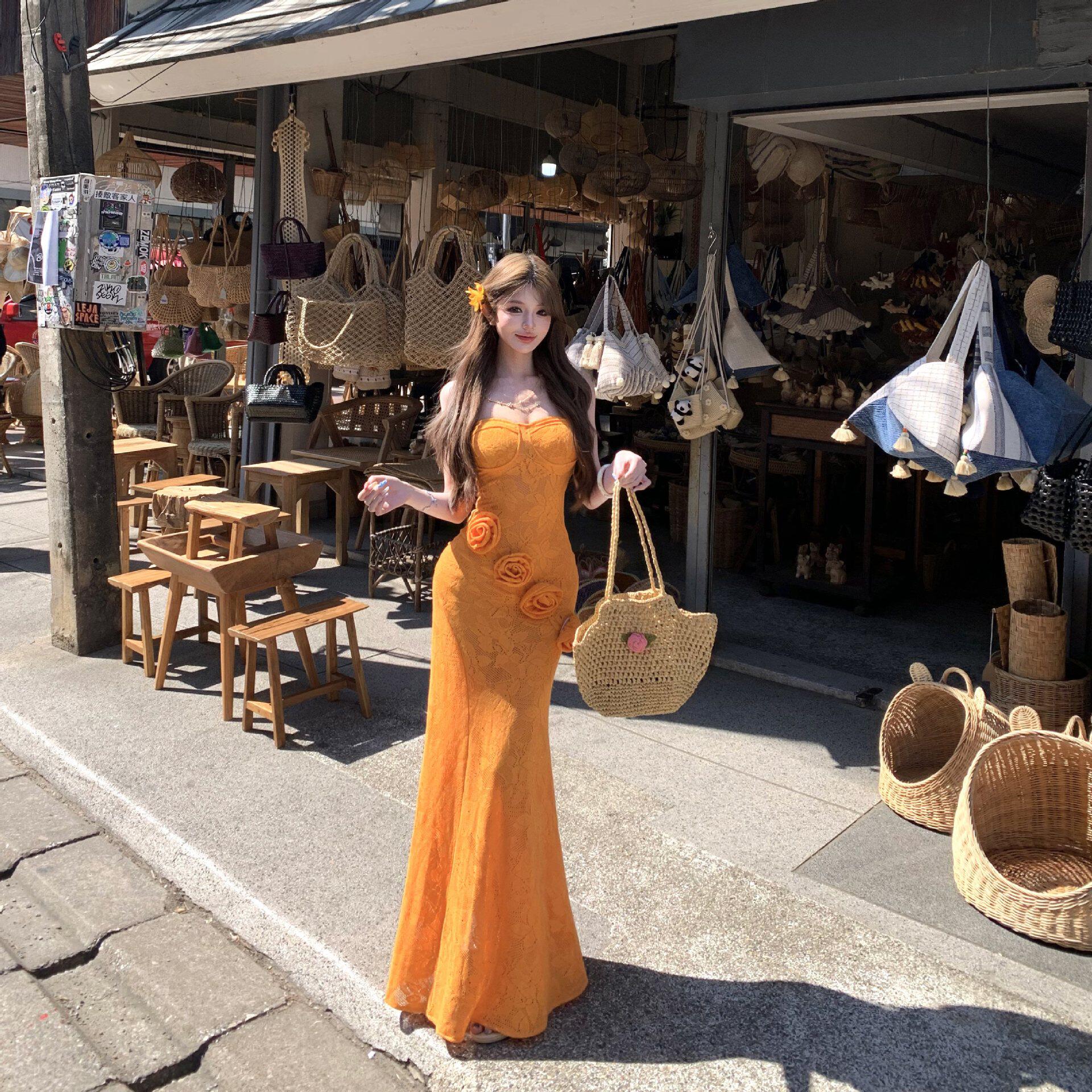 泰国云南绝美橘色立体花朵抹胸连衣裙女性感修身包臀海边度假长裙