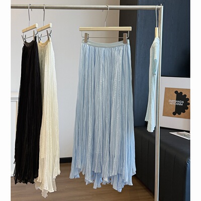 法式蓝色百褶半身裙女夏季垂感显瘦气质a字大摆裙不规则高腰裙子