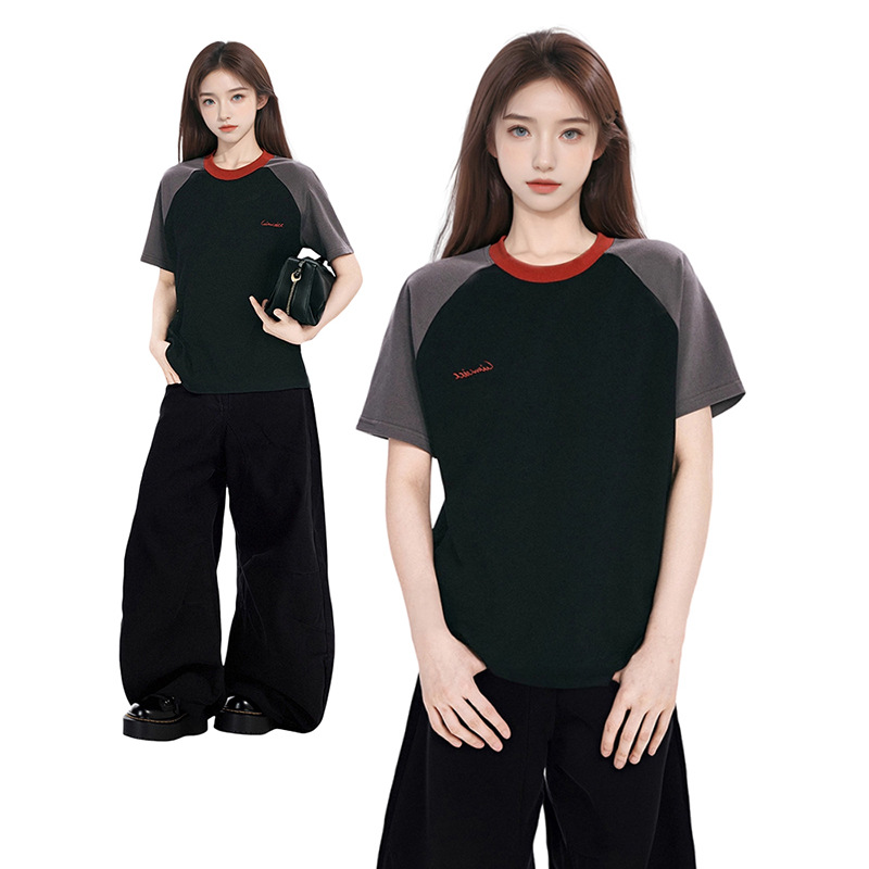 美式黑色插肩短袖t恤女夏季宽松纯棉半袖正肩设计感2025新款上衣