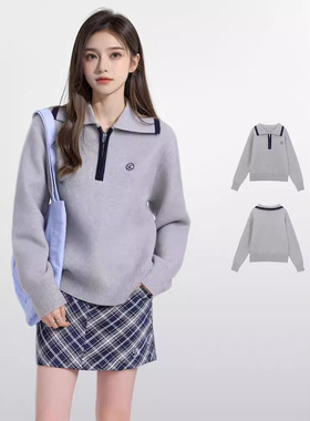灰色polo翻领套头针织毛衣女春秋秋冬加厚外穿学院风羊毛卫衣上衣